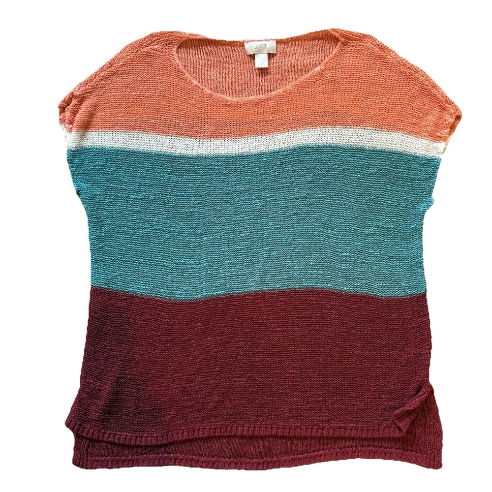 LOFT Sleeveless Loose Knit Sweater Pink, Green, Burgundy Ribbed Bottom - Medium